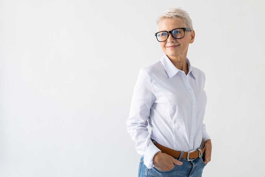 Short Feathered Hair and Square Glasses