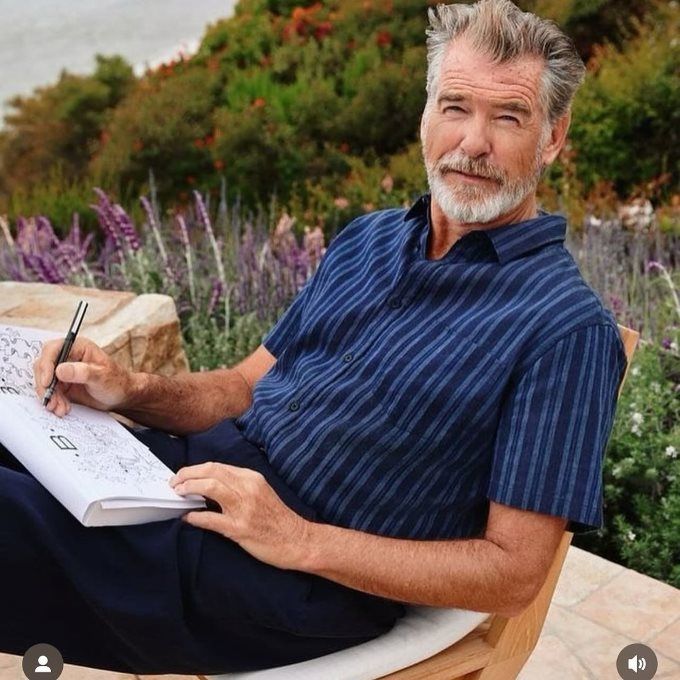 Pierce Brosnan with linen shirt and black pant