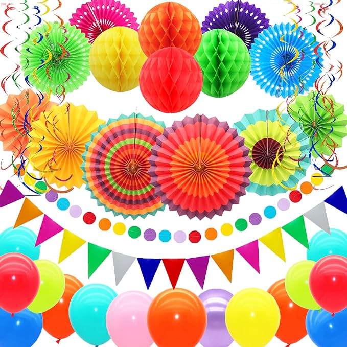 Polka Dot Fans and Honeycomb Balls for Added Flair 60th birthday