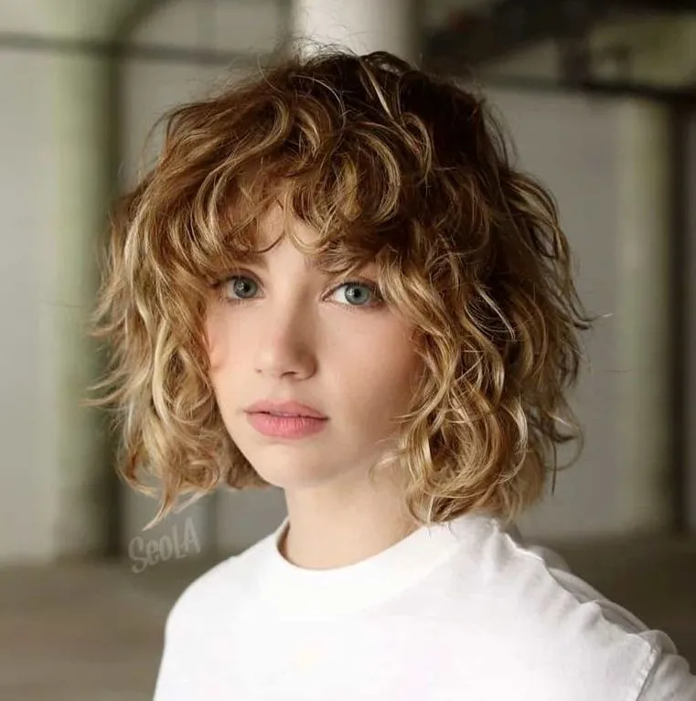 Curly Bob with Curtain Bangs